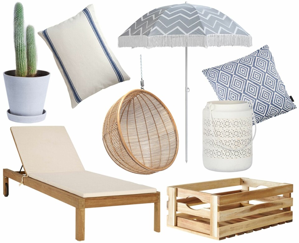 MIDDELHAVSBRIS: Blomsterpotte fra Hay, kr 79. Pute fra IB Laursen, kr 169. Parasoll fra Nordal, kr 699. Pute fra Kremmerhuset, kr 99. Solseng fra Habitat, kr 6910. Hengestol fra HK Living, kr 5500. Lanterne fra IB Laursen, kr 179. Trekasse fra Ilva, kr 249.