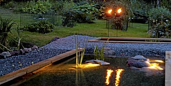 MAGISK STEMNING. Du trenger ikke mange meterne for å lage en dam i hagen. Installerer du lys, blir det magisk stemning om kvelden. Fakler og levende lys er også flott når flammene speiles i dammen.