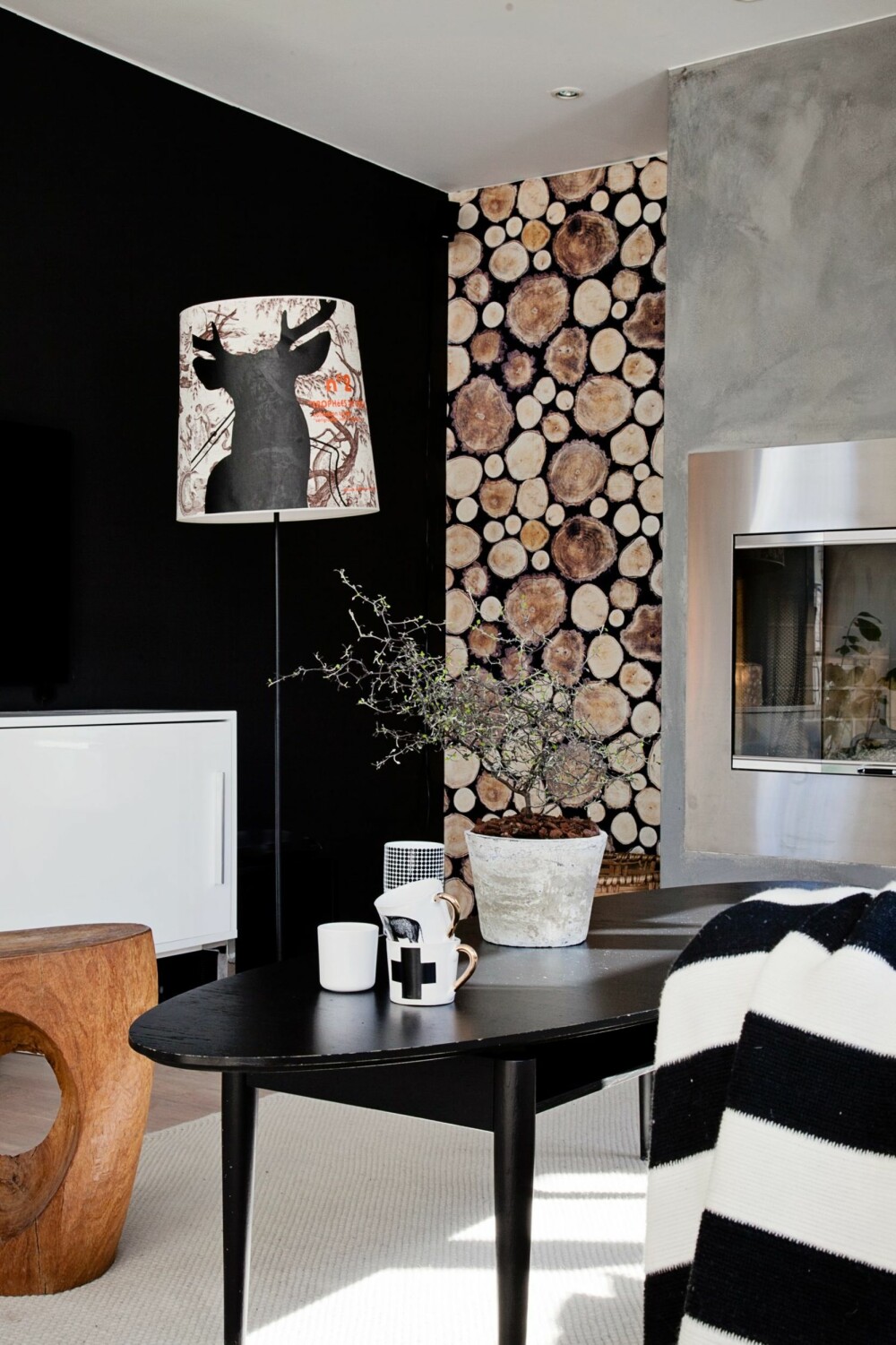 SVART: Bente har malt den ene veggen bak den hvite TV-benken svart. Dette skaper en kraftig og spennende kontrast og effekt. Det samme bidrar den betonglignende veggen til. På veggen henger et tekstil med mønster av tre. Det er fra Ikea.