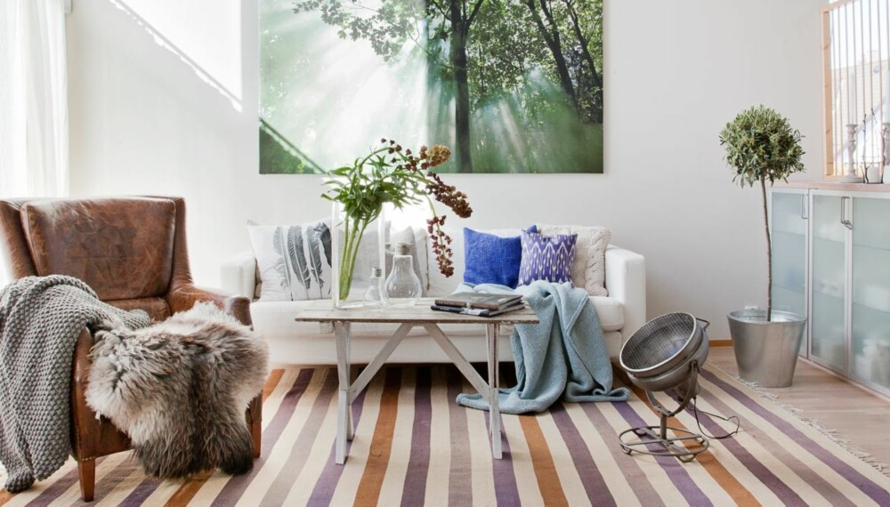 BADER I LYS: De store vinduene slipper inn mye lys i stuen og er med på å understreke den gode romfølelsen som høyden under taket gir. Lys er viktig i familiens hjem. Naturbildet på veggen er kjøpt på Ikea. Teppet fra Hay er kjøpt hos Home & Cottage. BADER I LYS: De store vinduene slipper inn mye lys i stuen og er med på å understreke den gode romfølelsen som høyden under taket gir. Lys er viktig i familiens hjem. Naturbildet på veggen er kjøpt på Ikea. Teppet fra Hay er kjøpt hos Home & Cottage.