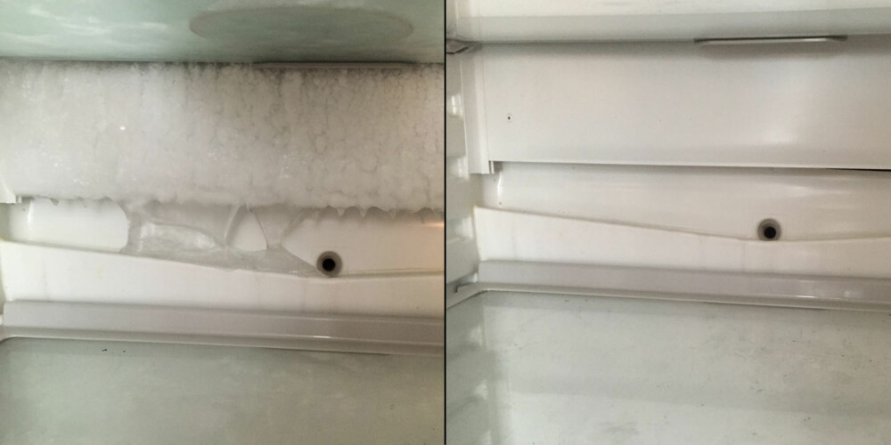 FØR OG ETTER: Et par timer med strømmen av og døra åpen var det som skulle til for å smelte vekk isen i kjøleskapet. Det er også en god anledning til å vaske det skikkelig.