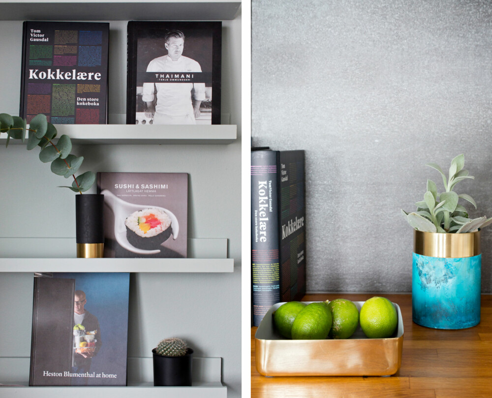 STILLEBEN: Det er samme farge på hyller og vegg og dette gir et delikat uttrykk. Her får gjenstandene spille hovedrollen. Bøker, planter og dekor danner flotte stilleben. Tingene på hyllen er fra Eske. Flisene forestiller betong, og gir kjøkkenet et røffere preg enn glassflisene som var her før. De grå flisene er fra megaflis.no. STILLEBEN: Det er samme farge på hyller og vegg og dette gir et delikat uttrykk. Her får gjenstandene spille hovedrollen. Bøker, planter og dekor danner flotte stilleben. Tingene på hyllen er fra Eske. Flisene forestiller betong, og gir kjøkkenet et røffere preg enn glassflisene som var her før. De grå flisene er fra megaflis.no.