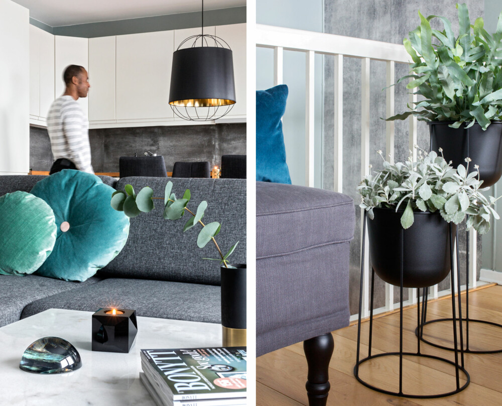 GRØNNE DETALJER: Den stramme sofaen ble myket opp med puter med runde former i fløyel. De grønne detaljene her spiller fint sammen med den nye fargen på veggen. Sofabordet er fra ellos.no og borddekoren fra Eske. En miks av materialer og grønne planter gjør leiligheten lun – og levende. Benken fra Ikea kan også brukes til oppbevaring. I bakgrunnen skimtes tapetet Concrete Wall fra Mr Perswall. Blomsterstativet og pottene er fra Eske, og blomstene er fra Frøken Flood Blomster. GRØNNE DETALJER: Den stramme sofaen ble myket opp med puter med runde former i fløyel. De grønne detaljene her spiller fint sammen med den nye fargen på veggen. Sofabordet er fra ellos.no og borddekoren fra Eske. En miks av materialer og grønne planter gjør leiligheten lun – og levende. Benken fra Ikea kan også brukes til oppbevaring. I bakgrunnen skimtes tapetet Concrete Wall fra Mr Perswall. Blomsterstativet og pottene er fra Eske, og blomstene er fra Frøken Flood Blomster.