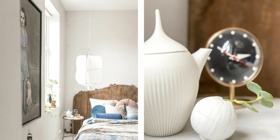 BLÅ TEKSTILER: Det var den blå sengekappen som inspirerte Tone da hun innredet med blå detaljer på soverommet. Tekstilet er fra Mulberry Home og Missoni-sengetøyet er fra Milla Boutique. Husk at du kan sy et vakkert tekstil på et vanlig laken, så får du en rimelig, men lekker sengekappe. 2. Nattbordet med marmortopp er kjøpt på ladyburk.no. Tekannen og klokken er fra Eske Interiør.