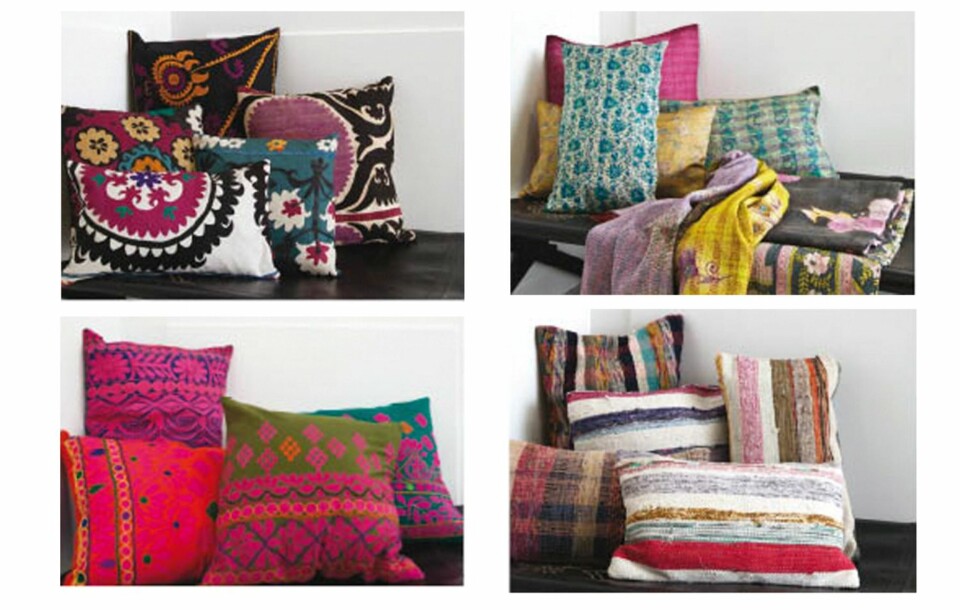 TRENDY TEKSTIL: Flere tekstilprodusenter presenterer etniske mønstre og farger i sine høstnyheter. Disse putene er fra Au Maison.
