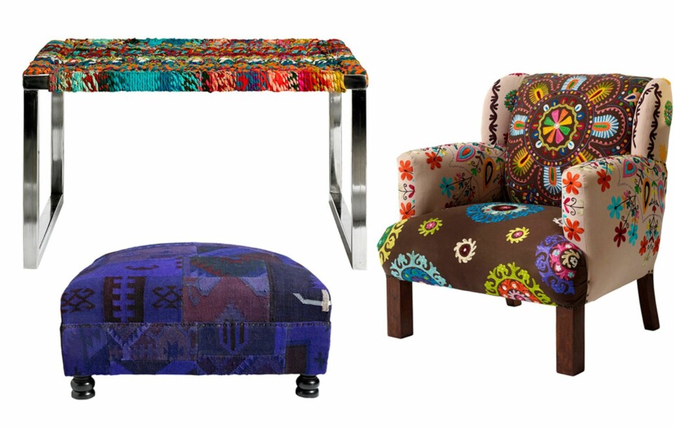 TØFT TILBEHØR: Ønsker du mer av stilen enn bare tekstiler kan du supplere stuen med en eksotisk puff eller en etnisk lenestol. Produktene er fra Nordal.
