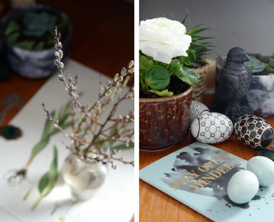 KLART TIL PÅSKE: Gåsunger, egg og friske blomster skaper påskestemning hjemme hos Cathrine Gjessing.