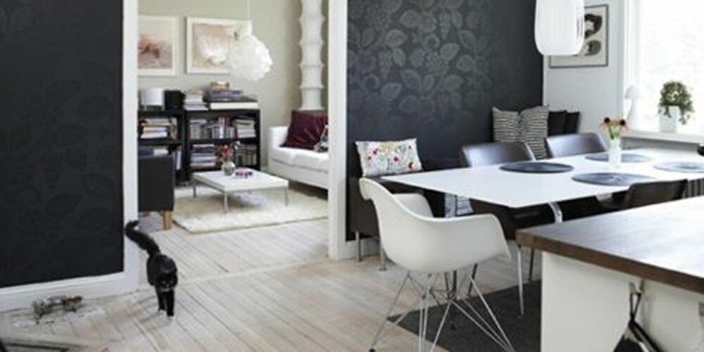 SORT OG HVITT: Om du har mange lyse møbler, kan det å male med mørke farger på veggene gi en spennende kontrast.