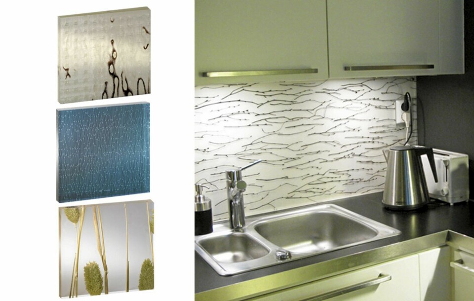 AKRYL: Den største akrylplaten på bildet, som heter Dattenberg FF-0052 ,har sorte grener innstøpt i akryl med matt front. Alle platene er fra Konzept K.