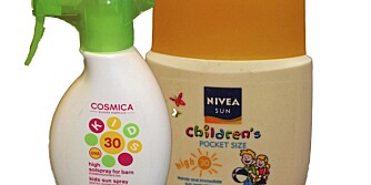 MIDDELS BRA: Cosmica Kids solspray for barn faktor 30 og Nivea sun children's pocket size faktor 30.