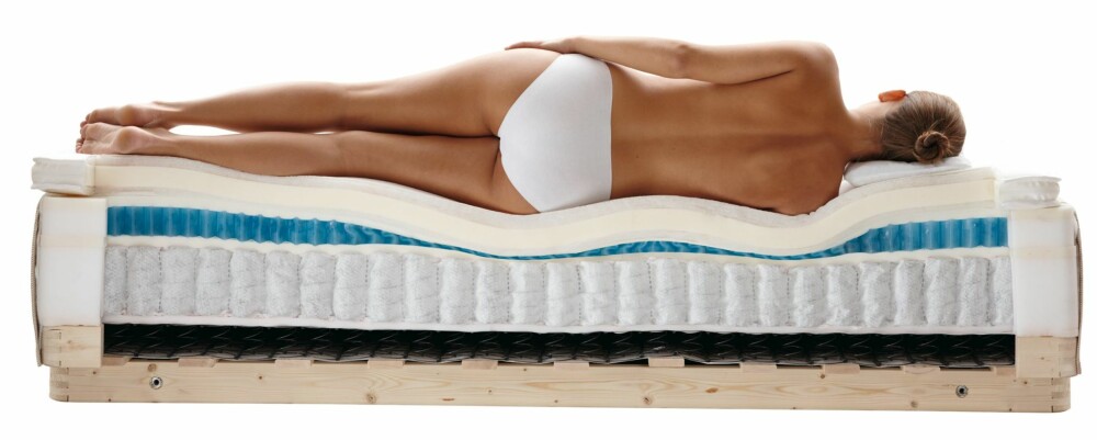 VIKTIGHETEN AV GOD MADRASS: Her ser man hvordan kroppen skal ligge på siden når den ligger ergonomisk riktig, og hva som skjer inni madrassen når man sover.