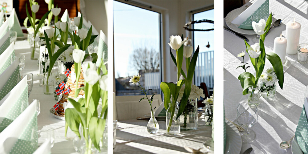 HVITE TULIPANER: Flotte hvite tulipaner og norske flagg får pynte bordet til bloggeren Fru Friis.