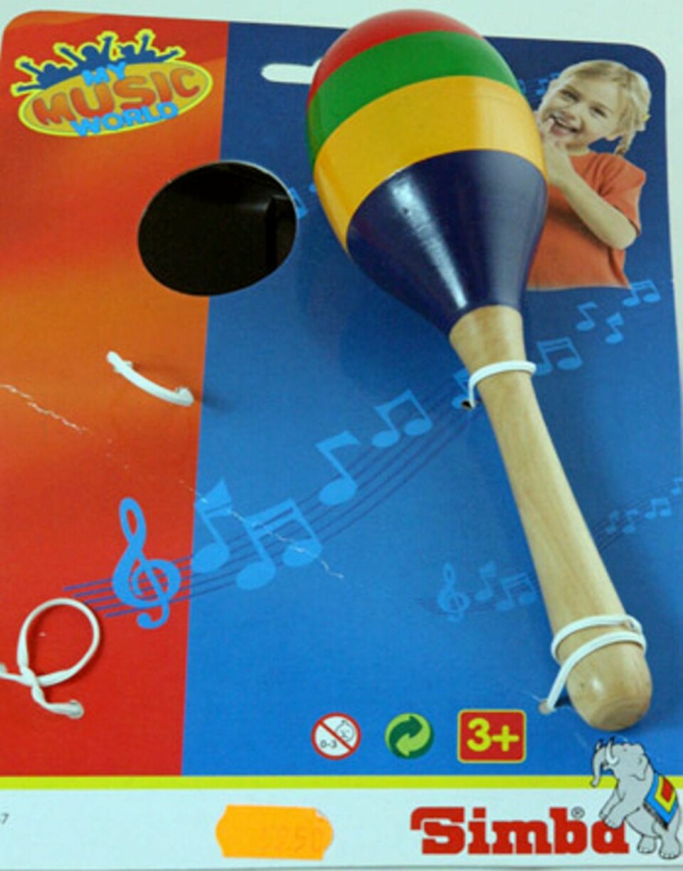 MARACAS: Inneholder bly
Forhandler: Extraleker Sandvika AS
Importør: Simba-Dickie Nordic AS
Produsentland: Kina