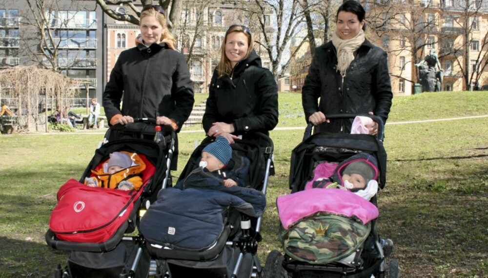 TRENDY MØDRE - TRENDY VOGNER: Katarina Hansen med datteren Agnes, Louise Lindblad med datteren Paloma og Veronica Backman med sønnen Hugo.