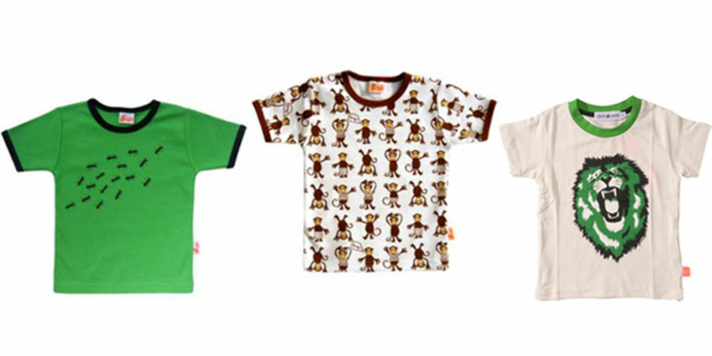 Grønn t-skjorte med maur, kr 139 og t- skjorte med aper, kr 139, <a href="http://www.barneshoppen.no">barneshoppen.no</a> T-skjorte med løve, kr 174,50, <a href="http://www.toispann.no">toispann.no</a>