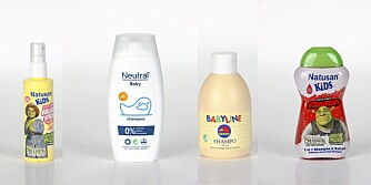 TESTET: Fra venstre: Natusan Kids Star Shine Balsam Spray, Neutral Baby Shampoo, Babyline Shampo og Natusan Kids Strawberry 2 in 1 Shampoo & Balsam.