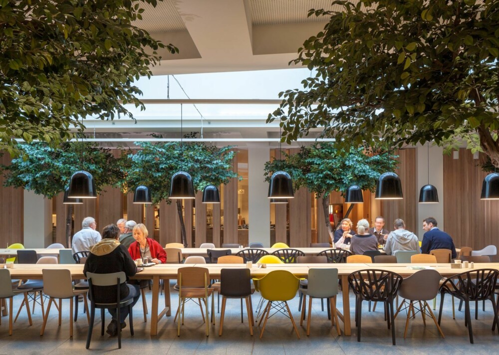 LUNSJ I DET GRØNNE: Under det store overlyset og mellom trærne i lobbyen, er spesialtegnede langbord i eik omrammet av nye og gamle Vitra-klassikere.