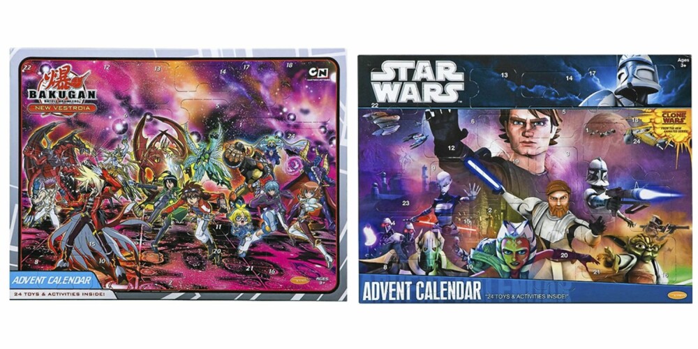 FOR GUTTER: Kalenderne med Bakugan og Star Wars oppgir begge å ha det litt vage innholdet "24 overraskelser". Begge koster kr 139,90 på Toys'r'us.