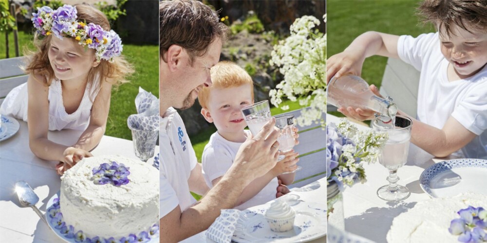 HIPP HURRA! Hermine har fått blomsterkrans i håret, mens Marius synes det er tryggest på Pappa Jarles fang. Morten synes rosa saft er helt ok, så lenge den smaker godt. Fest på terrassen er herlig, uansett dag og anledning.