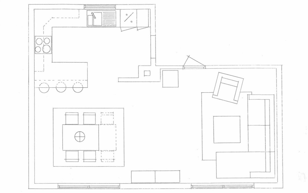 NY PLANLØSNING: Kjøkken og stue er nå samlet i ett rom, og flyten i leiligheten er blitt bedre. Den doble glassdøren mot hagen er ikke tegnet inn her.