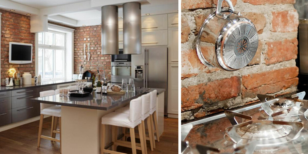 MURSTEIN: Å vise frem en vegg eller to av murstein gir den rette fabrikk-følelsen på et industri-kjøkken.