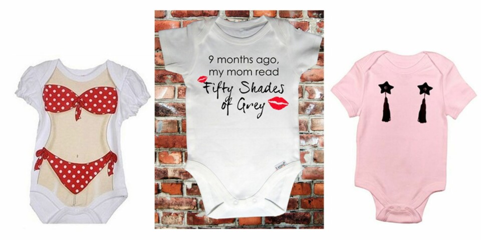 RIKTIG BUDSKAP?: ''Nine months ago, my mom read 50 Shades of Grey''. Morsomt? Eller ikke noe du ville kledd barnet ditt i? Bodyene er fra Gordman's (f.v.), Etsy og Cafepress.com.