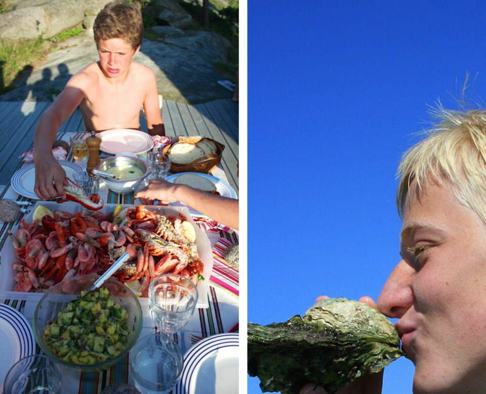 SJØMAT: Aioli, mango-avokadosalsa og selvfangst fra fiskebutikken og havet smaker godt for sommergutter! Fridtjof har dykket etter østers i Oslofjorden, og da må den også smakes!