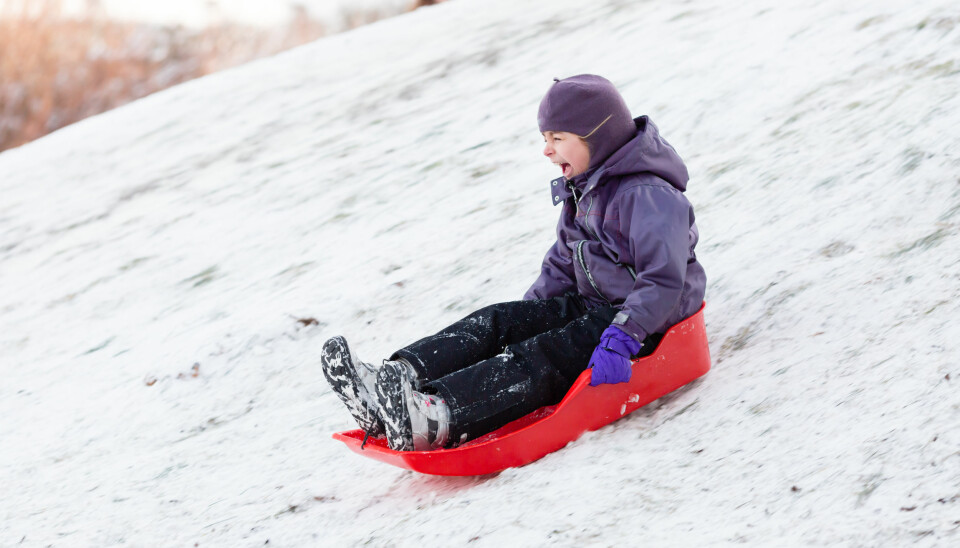 UTEN HJELM: Mens det i Sverige er nærmest utenkelig å sende barna i akebakken uten hjelm, aker norske barn som regel kun med en lue til å beskytte hodet.