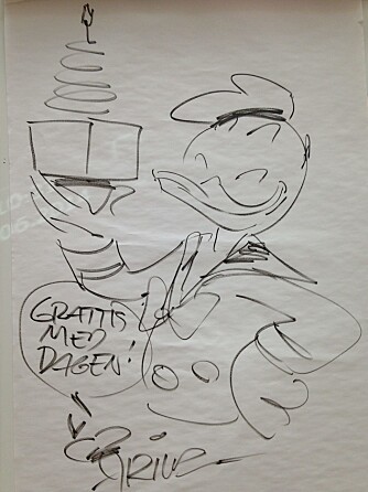 80 ÅR OG LIKE BLID: Arild Midthuns tegnede hyllest til sin 80 år gamle venn Donald Duck.