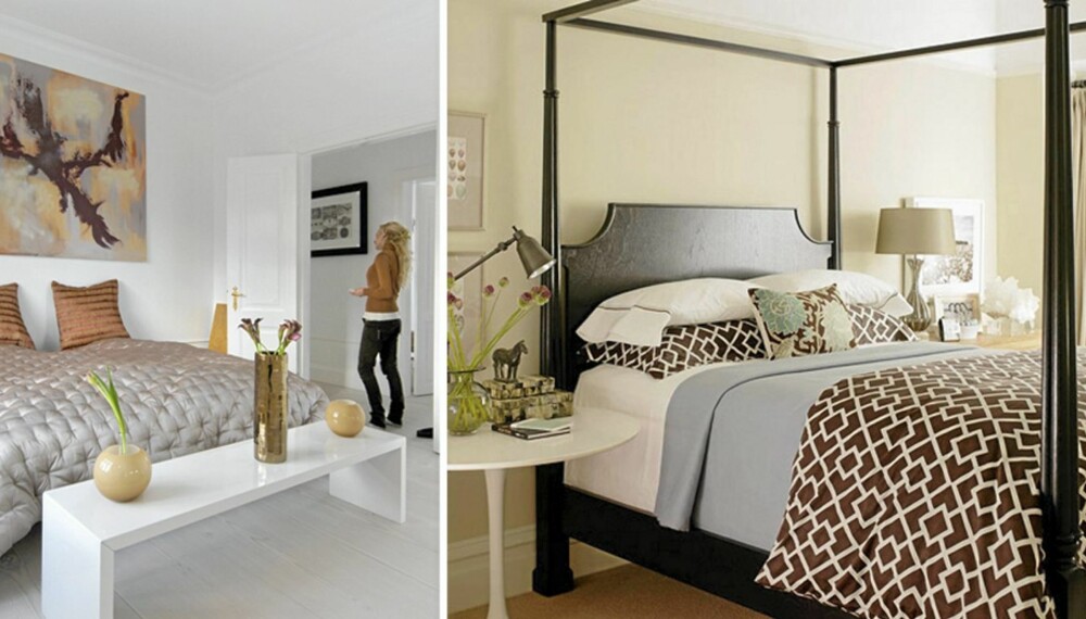 KONTRASTER OG FARGEKLATTER: Et nøytralt soverom kan fornyes med friske farger eller mønstre på sengetøy, tilbehør og veggpynt.