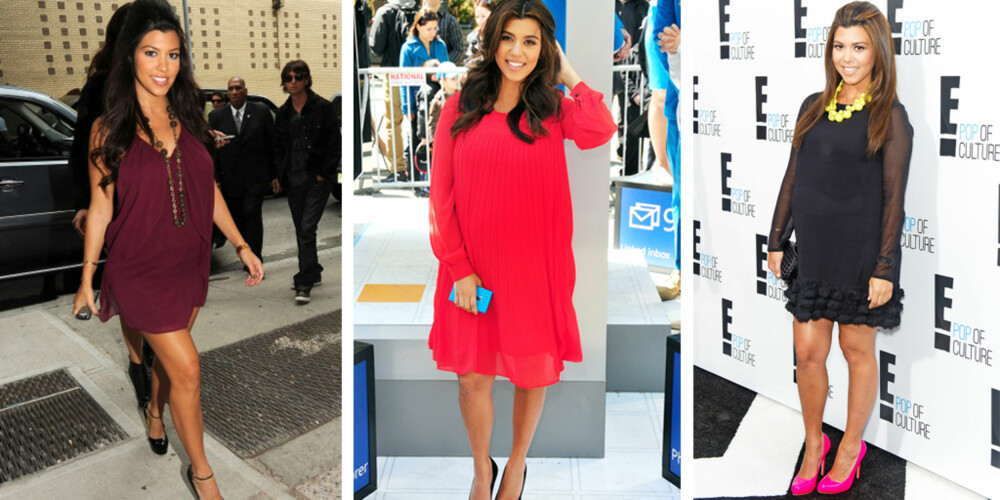 MOTELØVE: Realitystjerne og businessdame Kourtney Kardashian hadde like lekker stil begge gangene hun hadde stor mage.