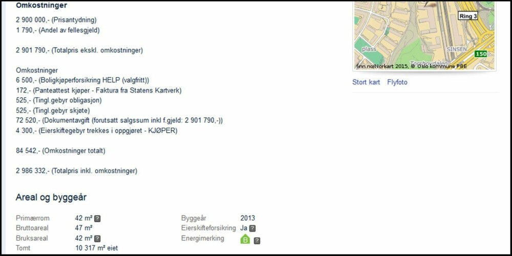 OVERSIKT: I en boligannonse finner du «de andre» utgiftene under Omkostninger. I dette tilfellet utgjør de nesten 85 000 kroner, gitt at boligen selges til totalprisen. OVERSIKT: I en boligannonse finner du «de andre» utgiftene under Omkostninger. I dette tilfellet utgjør de nesten 85 000 kroner, gitt at boligen selges til totalprisen.