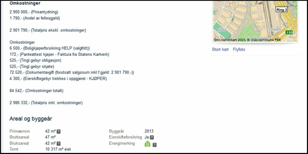 OVERSIKT: I en boligannonse finner du «de andre» utgiftene under Omkostninger. I dette tilfellet utgjør de nesten 85 000 kroner, gitt at boligen selges til totalprisen.