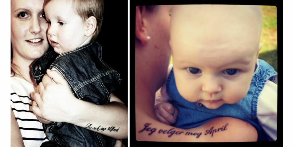 DIKTERISK: Anne Beate Lystad (30) har to barn, Alfred Leon (2,5) og April Olea (10 mnd), og har tatovert sitater som passer til navnene deres på kroppen sin. På hånden står det 'Du och jag Alfred', hentet fra Astrid Lindgrens bøker om Emil, og på skulderen står det: 'Jeg velger meg april', som er tittelen på et dikt av Bjørnstjerne Bjørnson.