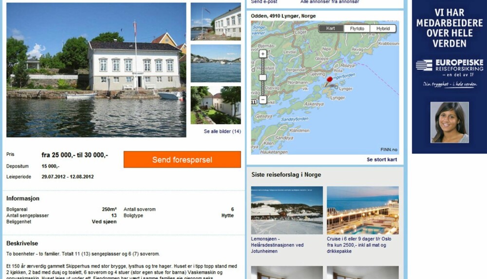 TIL LEIE: Stort skipperhus i Lyngørsundet. Primærrom 250 kvm 13 sengeplasser. Pris per. uke fra 25.000 kroner.