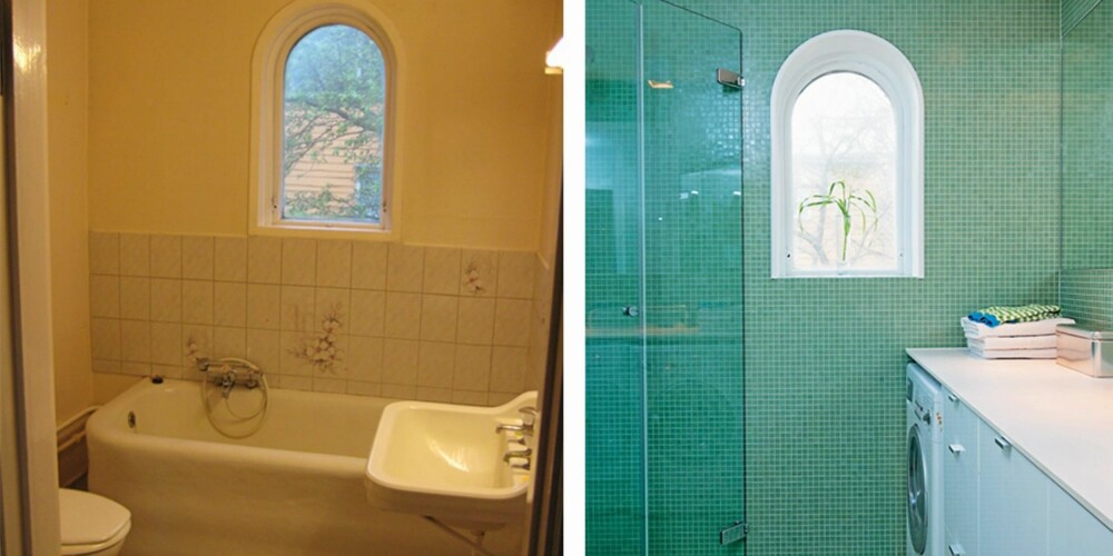 DET GRØNNE ROMMET. Slik ble badet etter at det ble utstyrt med grønne mosaikkfliser 2x2 cm. Badekaret er fjernet og gjestebadet har fått dusj i stedet. Vaskemaskinen er plassert arbeidsbenken. Mosaikkfliser Trend fra Vitreo, Fagflis.