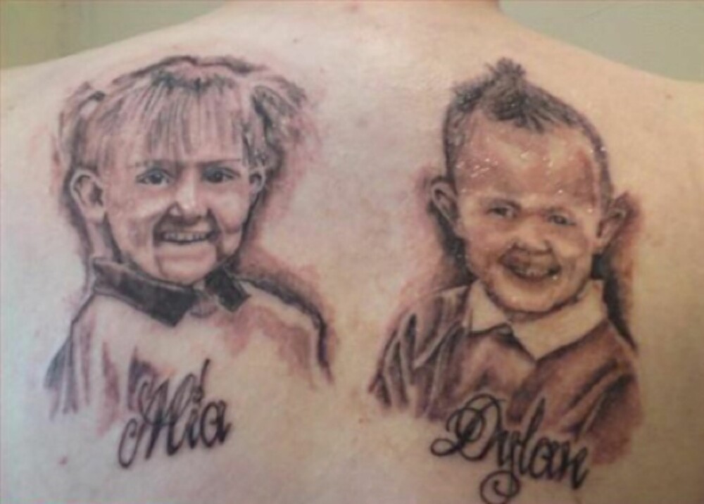NESTEN KJENDISER: Mia og Dylan er ikke bare foreviget på noens rygg, men også i utallige nettmedier - som elsker å ha dem med på ""verste-baby-tatoveringer""-lister.