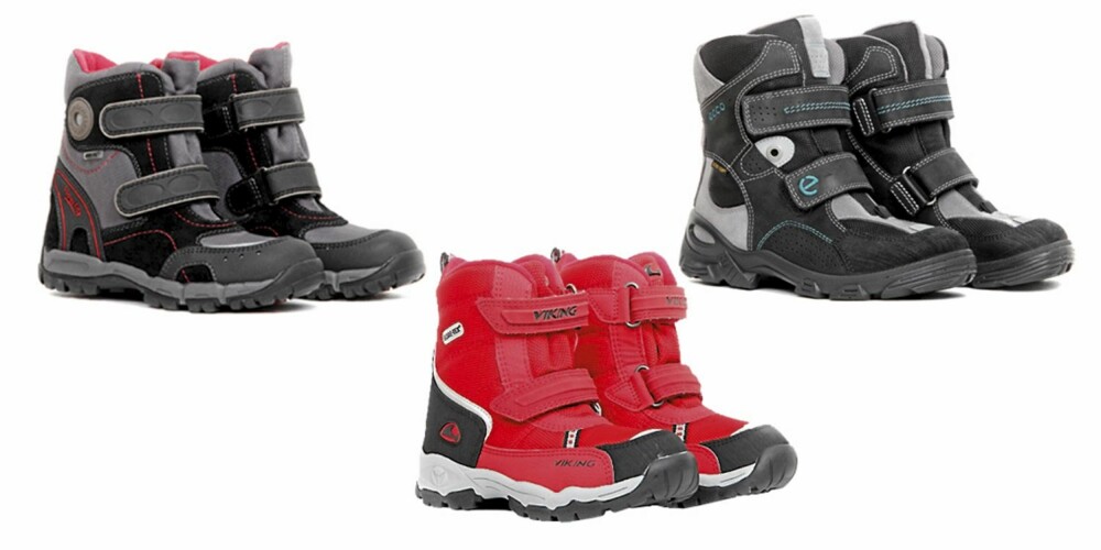 VARME FØTTER: Dette er sko fra testen som bør holde barnet varm på tærne. Fra venstre Super Fit Cross, Viking Chilly GTX og Ecco Snowboarder.