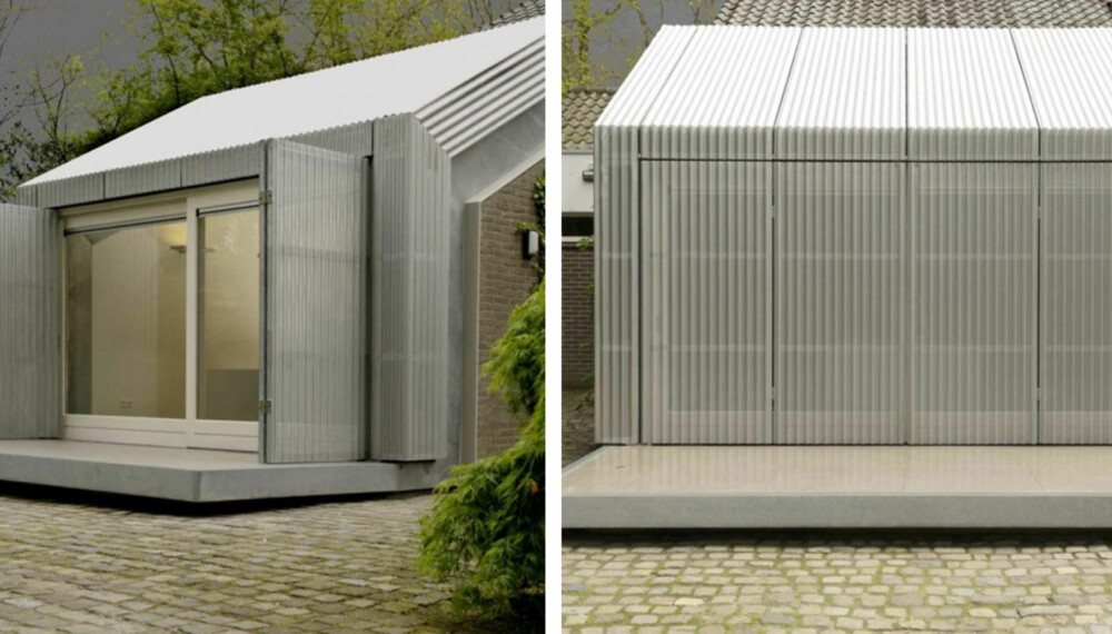 ÅPNES OG LUKKES: Arkitektene satte på paneler i metall som kan åpens og lukkes. På denne måten kan garsjekontoret beskyttes mot regnstormer og ekstremvær.