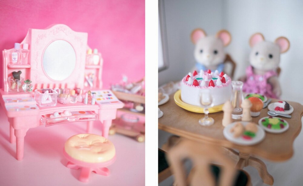 ROSA DRØM: Hilde, som står bak bloggen Englemor, kjøpte et lekkert dukkehus til sin datter. Her finner du både et søtt lite sminkebord og et festmåltid på bordet.