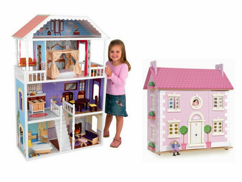 LITEN ELLER STOR: Savannah dollhouse fra KidKraft er stort nok til Barbie-dukker, mens det rosa dukkehuset fra Riktige leker er bergnet på mindre dukker.
