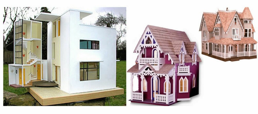 MINIARKITEKTUR: Dukkehus i art deco-stil, tegnet av Henry Colbert. Ved siden av ser du to herskapelige dukkehus fra Greenleaf Dollhouses.