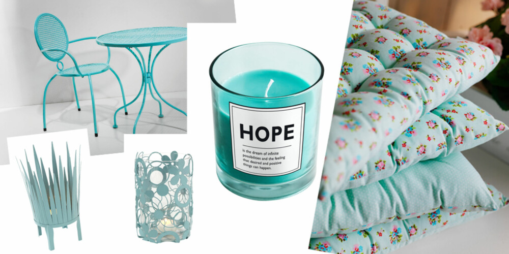 BLÅTIME: Bildet viser kafémøbler i turkis fra Kare Design, søte lykter til hagebordet fra Clas Ohlson, lys i glass fra H&M Home og puter med blomstermønster fra Kremmerhuset. BLÅTIME: Bildet viser kafémøbler i turkis fra Kare Design, søte lykter til hagebordet fra Clas Ohlson, lys i glass fra H&M Home og puter med blomstermønster fra Kremmerhuset.