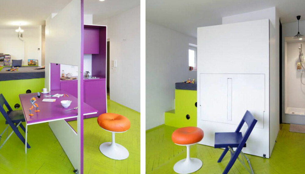 FARGEFEST: Den lille leiligheten er definert av sterke fargeinnslag i interiøret. Kjøkkenet kan pakkes ut ved behov.