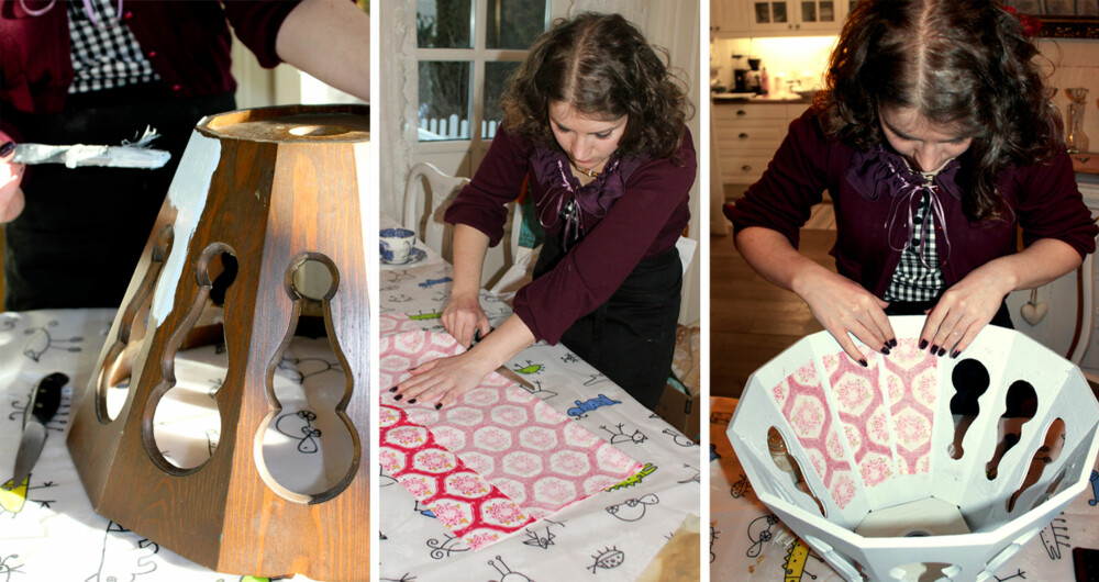 FORVANDLING: Først blir lampen malt, deretter klipper Sara ut firkanter av et rosa tekstil som hun limer fast på innsiden.