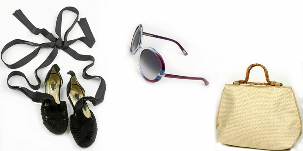 STRANDLIV: Sandaler fra Bernhard Wilhelm/Henrik Vibskov kr 1950, solbriller med plastinnfatning fra Marc Jacobs kr 2500 og strandveske fra H&M kr 345.