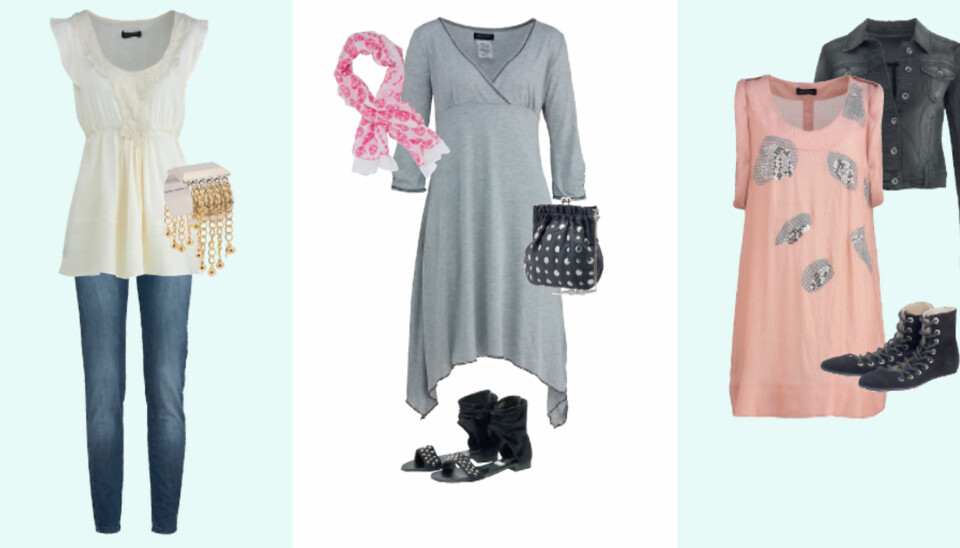 Fra venstre: Topp, kr 250, og stretchjeans med strikk i livet og smale bein, kr 380, begge fra Mama Licious. Armbånd, kr 179, fra Glitter. Grå kjole i bomullsstretch fra Mama Licious, kr 300, skjerf fra Gina Tricot, kr 129, veske, kr 180, og sandaler, kr 700, begge fra Bianco. Jeansjakke fra Cubus, kr 399, kjole fra Mama Licious, kr 350, og sneakersandaler fra Samsøe & Samsøe, kr 1200.