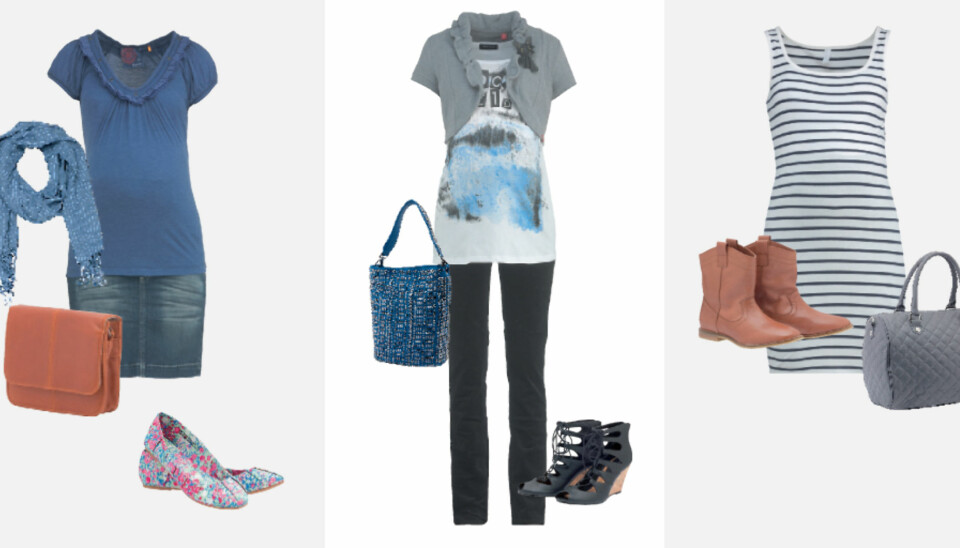 Fra venstre: Blå t-skjorte, kr 429, skjørt, kr 749, og skjerf, kr 199, alt fra Noppies. Liten veske fra Ellos, kr 199, og blomstrete ballerinasko fra H&M, kr 129. Bolero fra Ellos, kr 399, t-skjorte fra Mama Licious, kr 299, bukse fra 2Wear, kr 699, sko fra Ellos, kr 499 og veske fra Tosca Blue, kr 2699. Stripete lang singlet fra Only, kr 130, veske fra Gina Tricot, kr 299, og boots fra Ellos, kr 699.