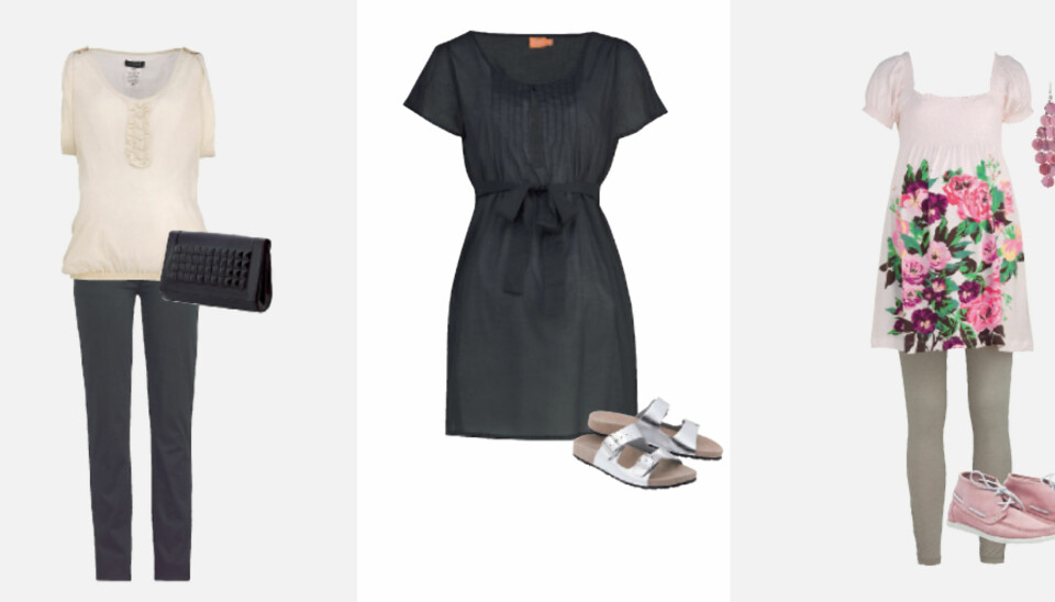Fra venstre: Topp fra Mama Licious, kr 259, svarte jeans med ekstra stoff over magen fra 2Wear, kr 699, og clutch fra Glitter, kr 199. Svart kjole fra 2Wear, kr 599, og sandaler fra Bianco, kr 450. Tunika med blomster fra H&M, kr 149, tights fra Noppies, kr 429, sko fra Samsøe & Samsøe, kr 1200, og øredobber fra Cubus, kr 69.