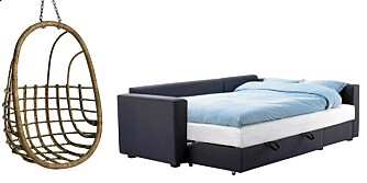 LURE LØSNINGER: Hengestolen i bambus kan tas ut om sommeren, kr 885, Verket Interiør. Hjørnesofaen kan gjøres om til seng og har egen skuff til sengetøyet, kr 4750, Ikea.